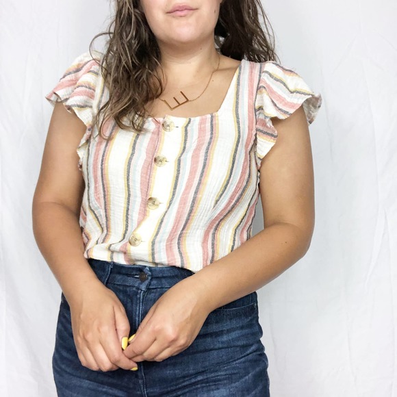 American Eagle Outfitters Tops - AMERICAN EAGLE | Women's Medium Multicolor Gauze Button Down Ruffle Sleeve Top